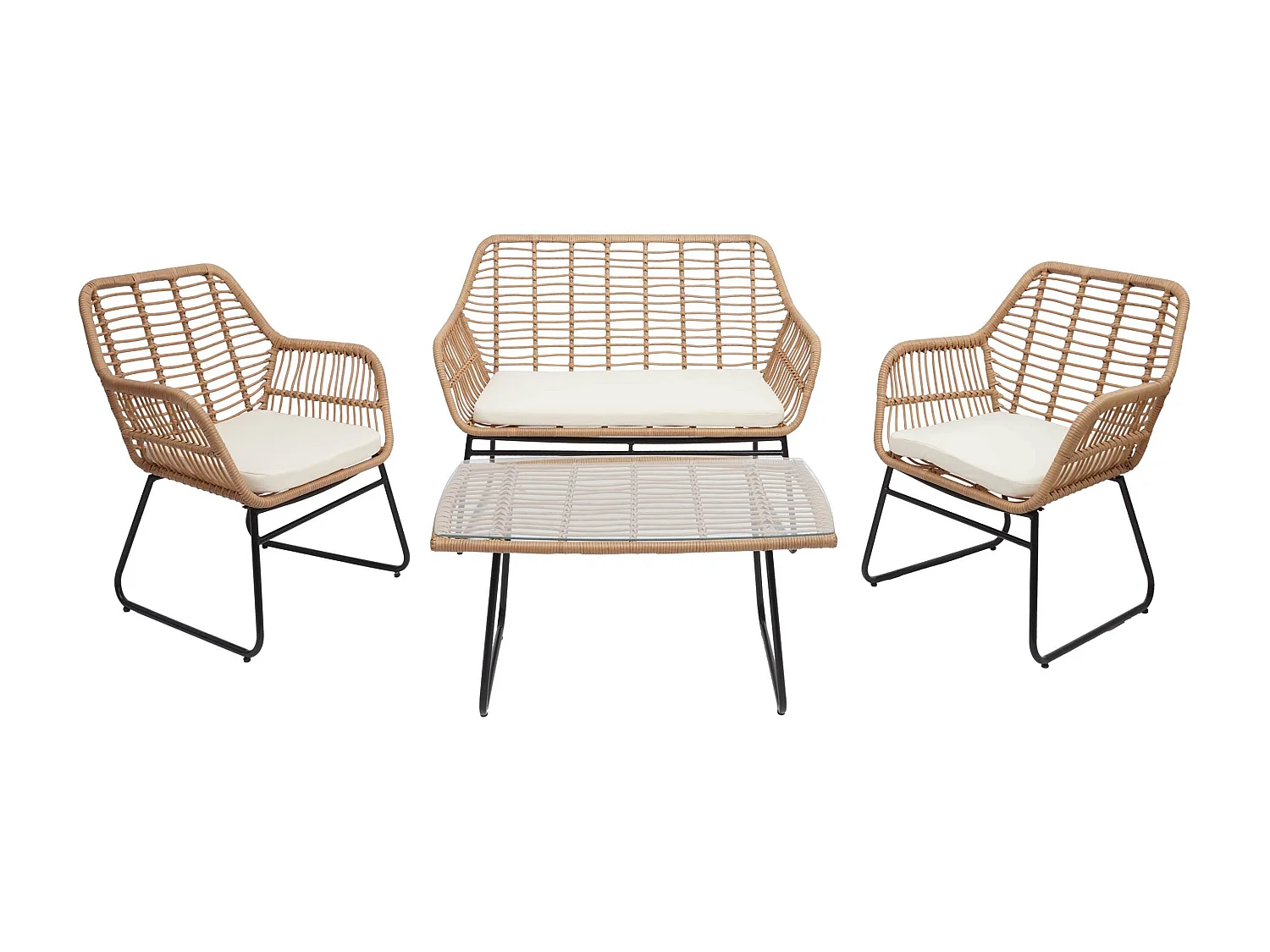Polyrattan Garnitur MCW-G17a (4-teilig), Naturfarben, Polster creme ohne Dekokissen