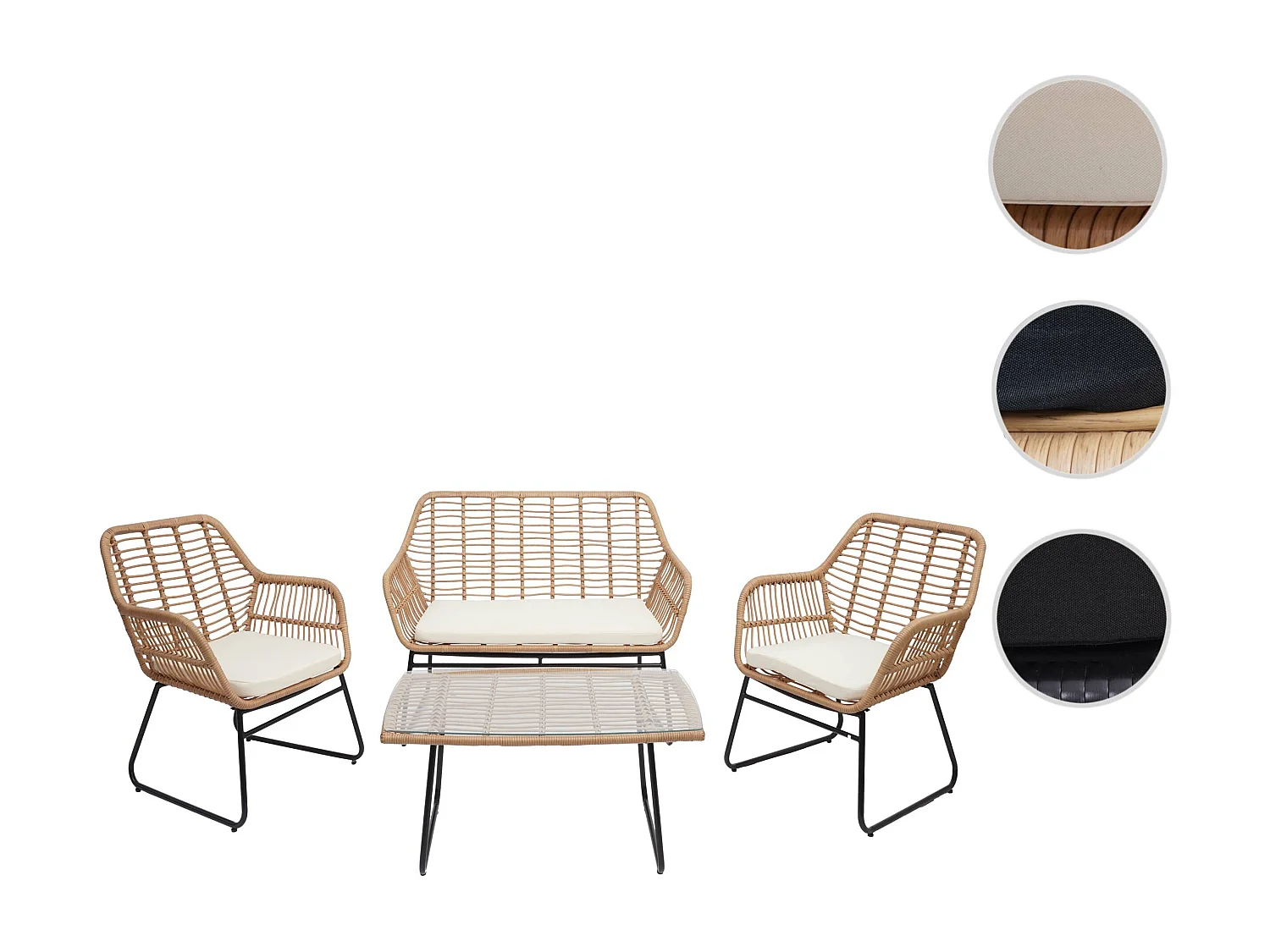 Polyrattan Garnitur MCW-G17a (4-teilig), Naturfarben, Polster creme ohne Dekokissen