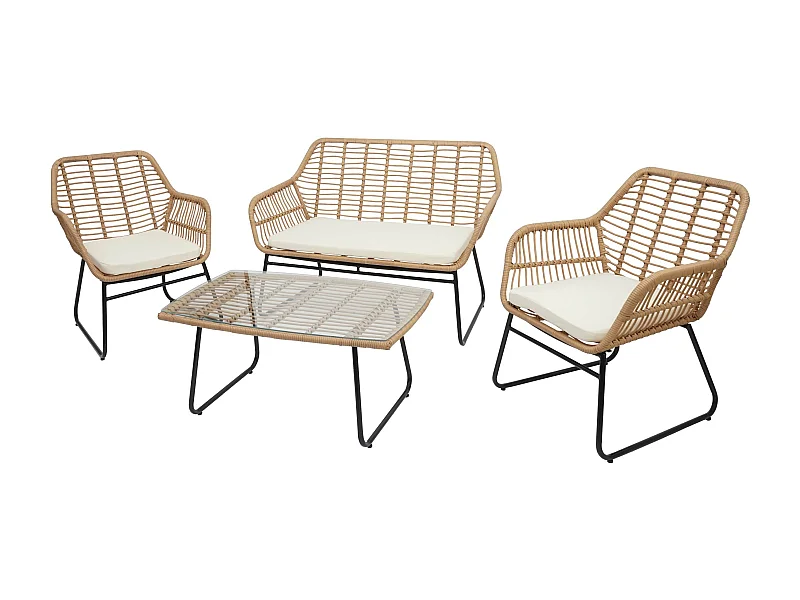 Polyrattan Garnitur MCW-G17a (4-teilig), Naturfarben, Polster creme ohne Dekokissen
