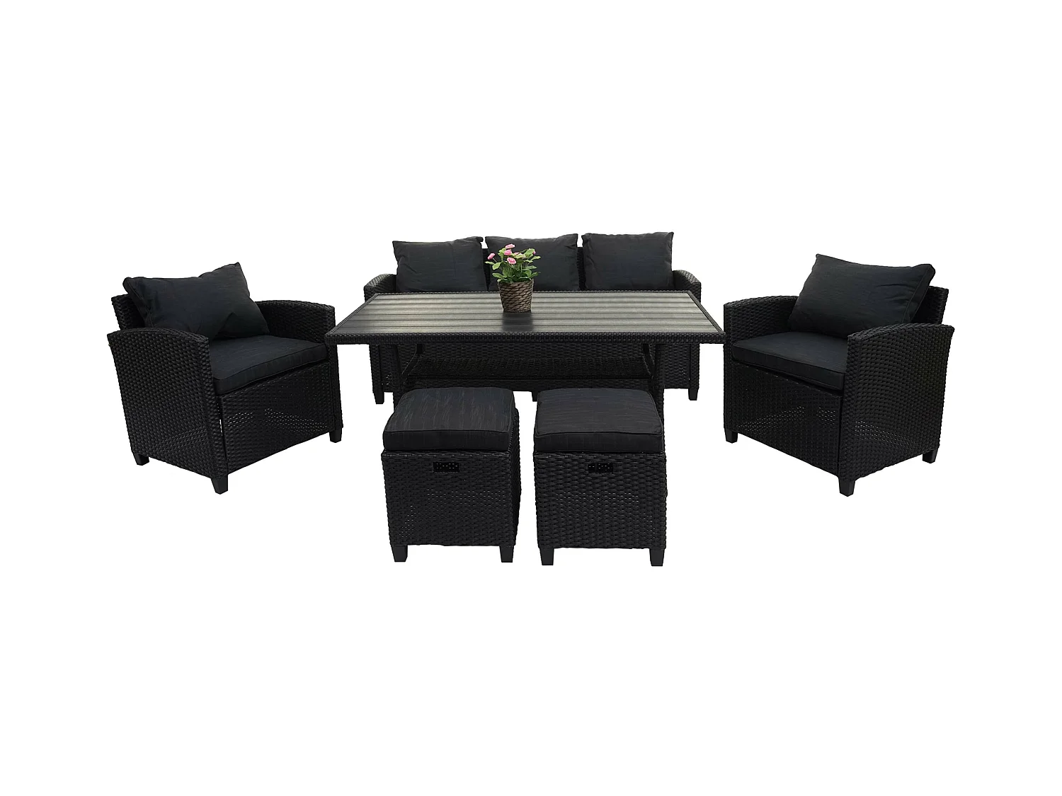 Zestaw polirattanowy MCW-E95 (6-częściowy),  czarny, poduszki antracytowe