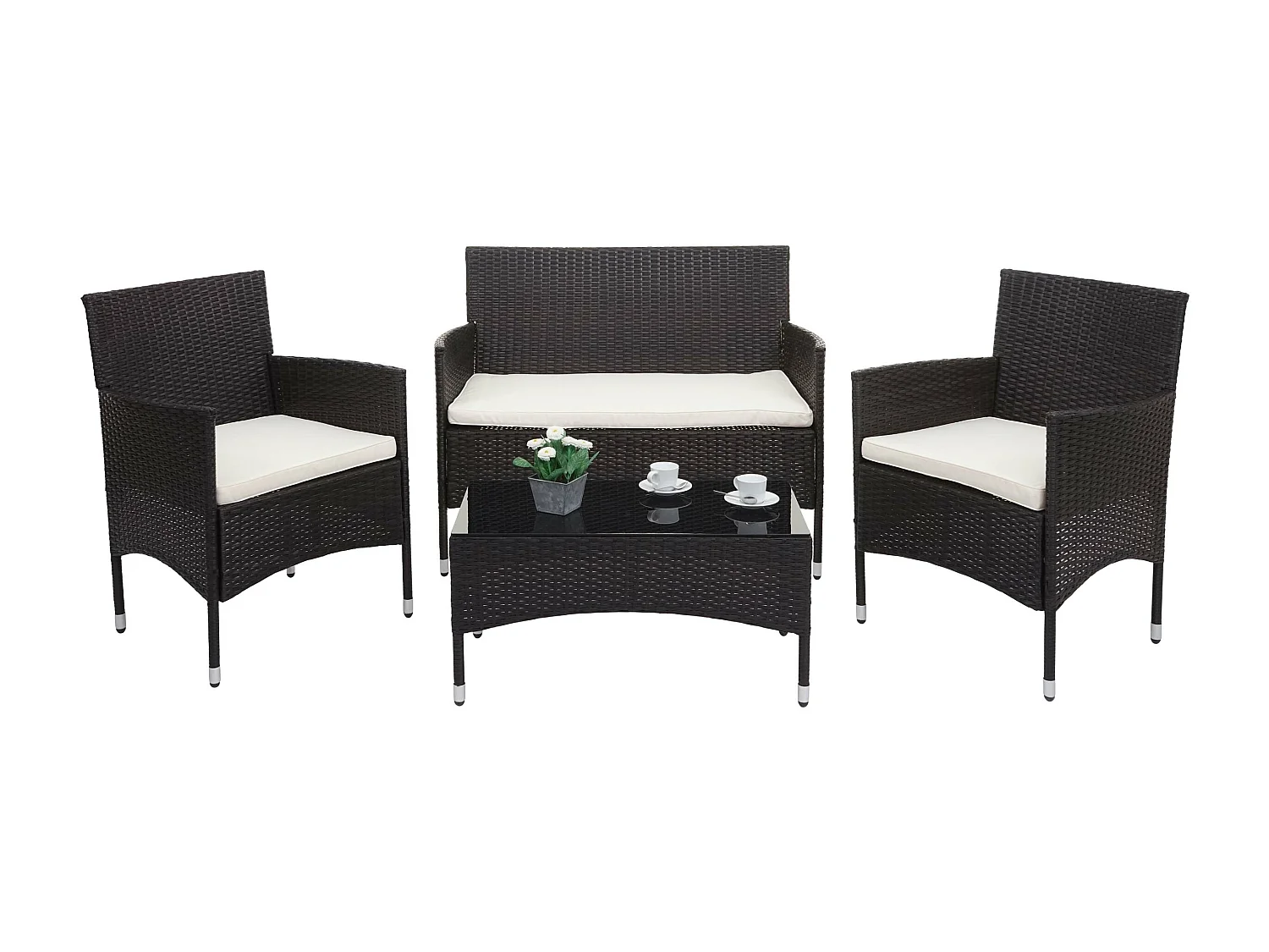 Set salotto giardino esterno salottino elegante MCW-F55 polyrattan marrone con cuscini avorio
