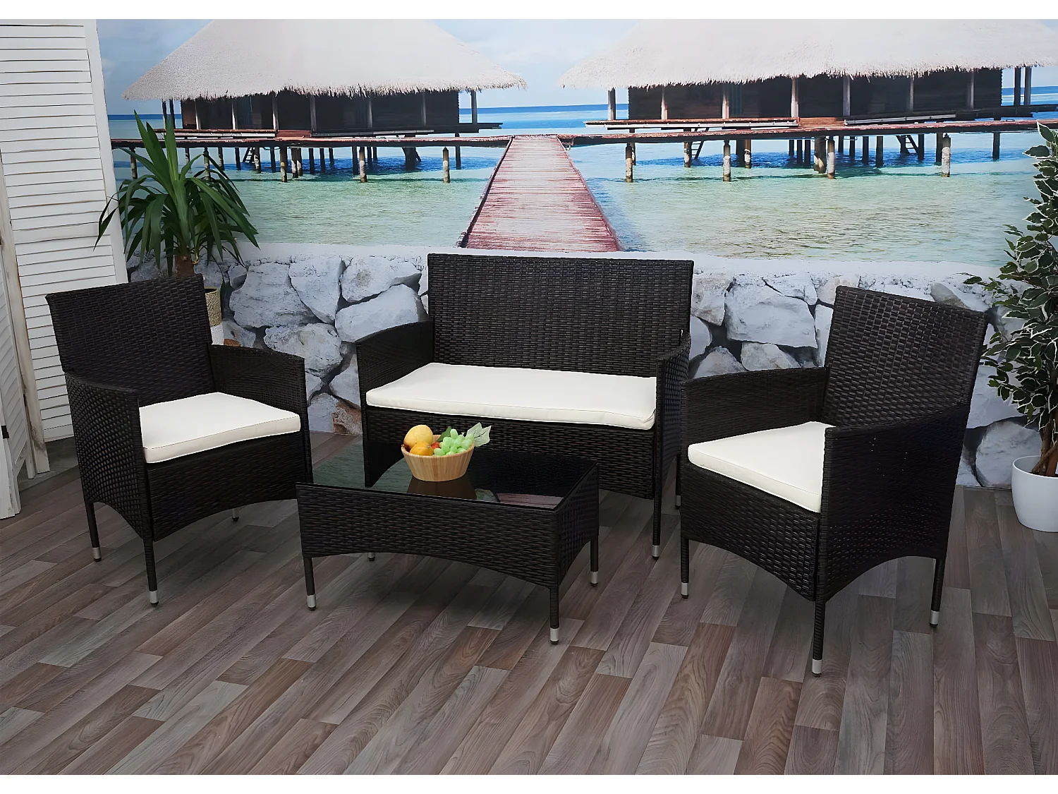 Set salotto giardino esterno salottino elegante MCW-F55 polyrattan marrone con cuscini avorio