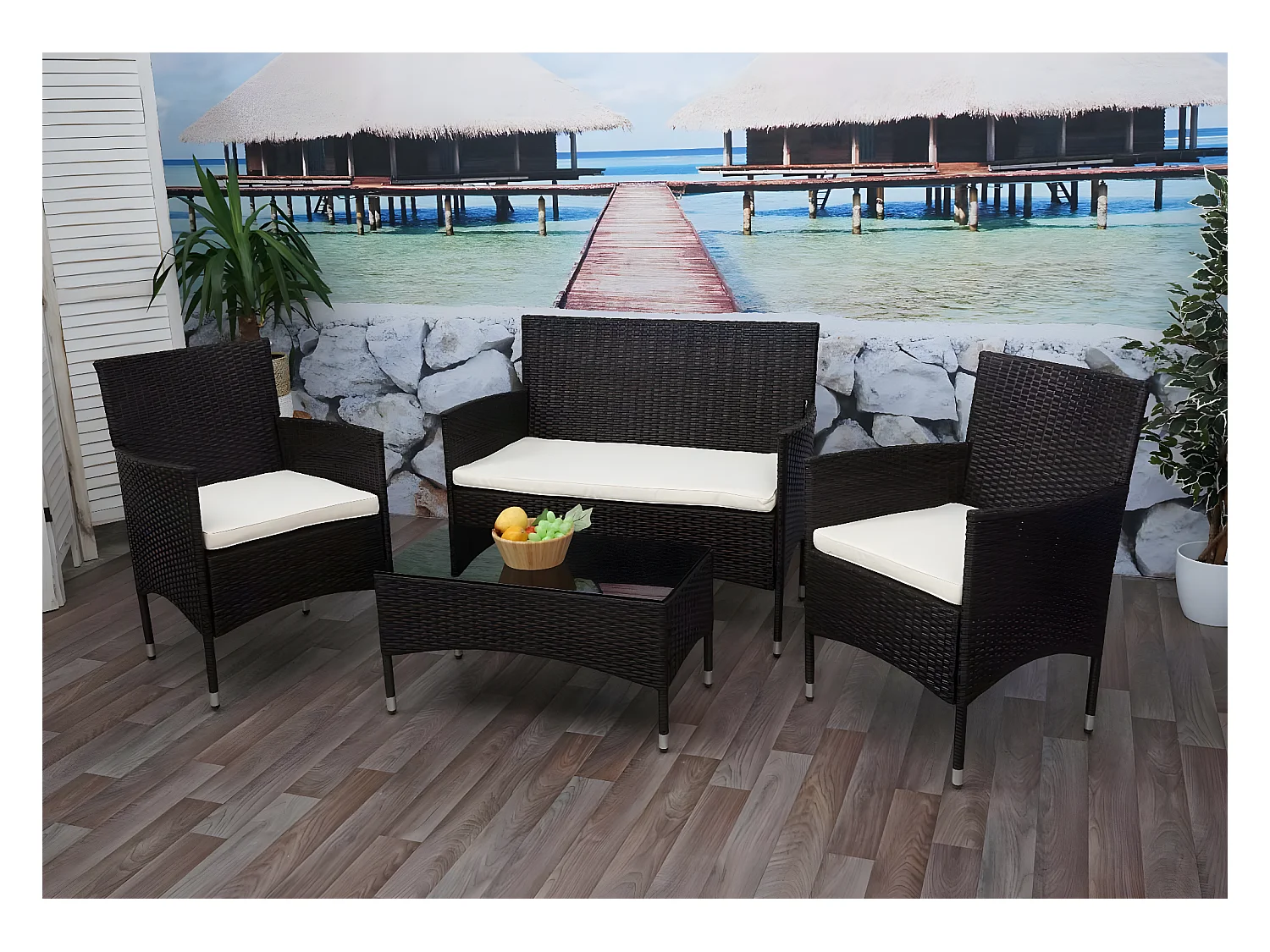 Zestaw polirattanowy MCW-F55 (4-częściowy),  brązowy, kremowe poduszki