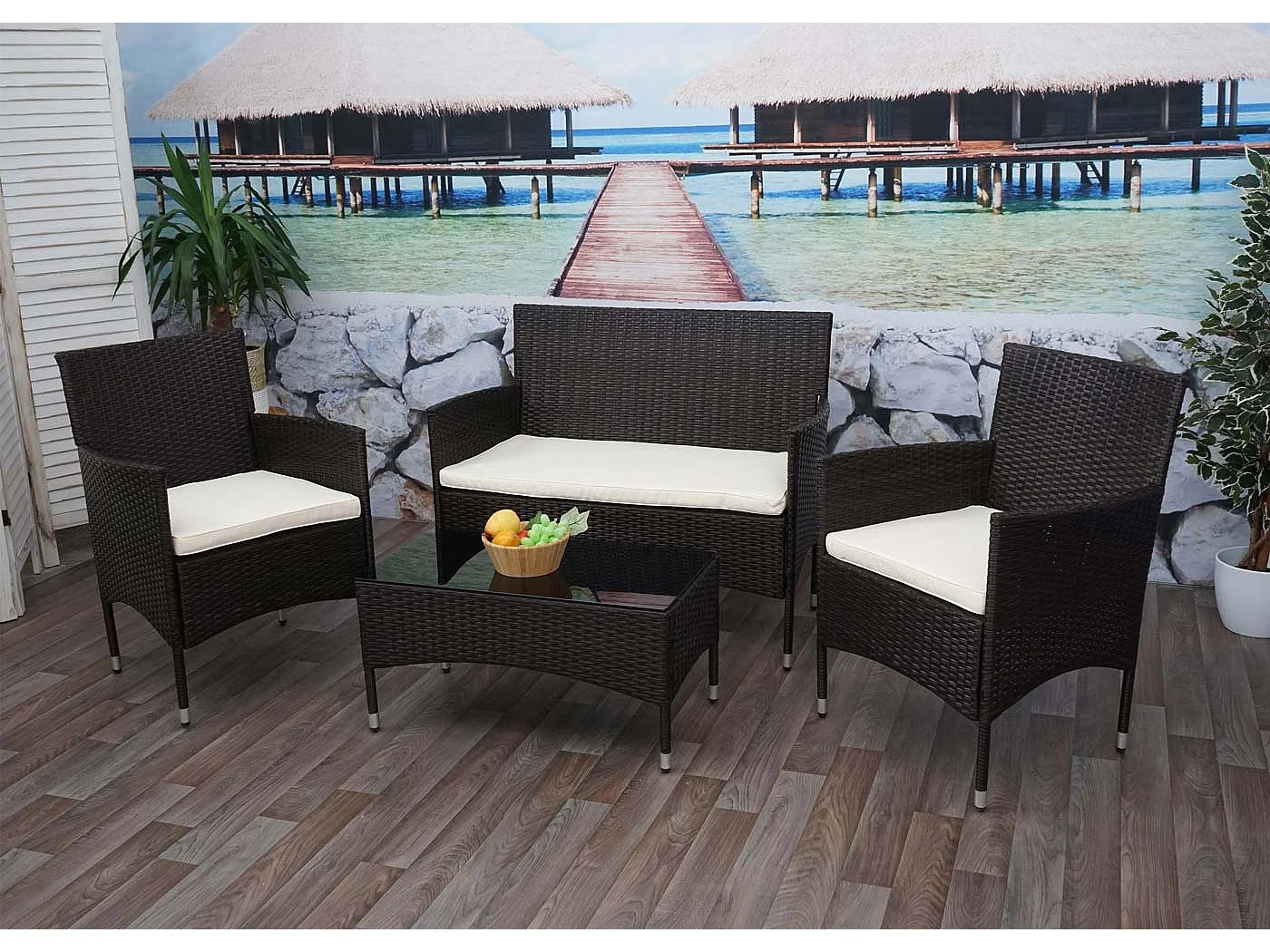 Zestaw polirattanowy MCW-F55 (4-częściowy),  brązowy, kremowe poduszki