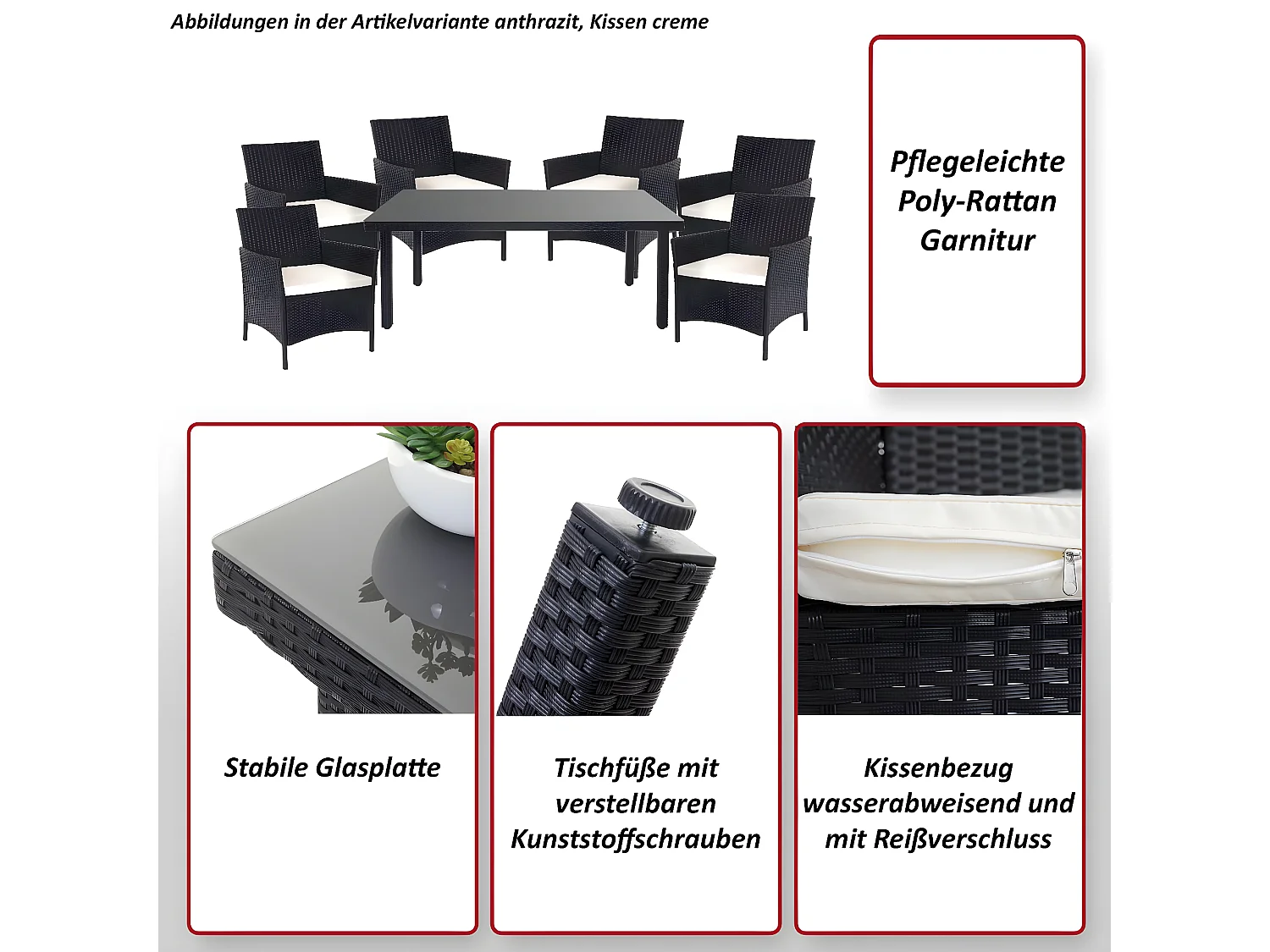 Zestaw rattanowy Hamar (7 elementów),  antracyt, antracytowe poduszki