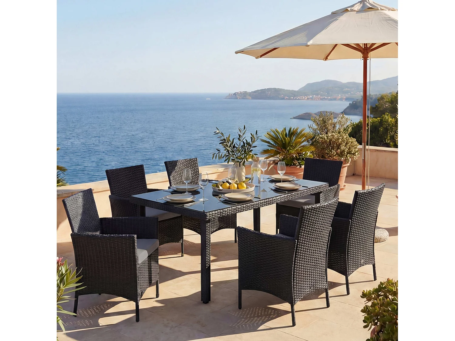 Poly-Rattan-Garnitur  Hamar (7-teilig), Anthrazit, Kissen anthrazit