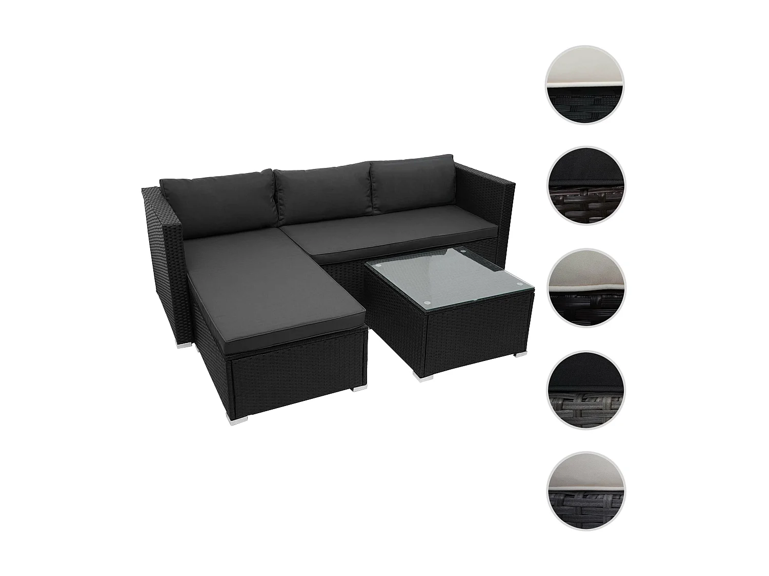 Poly-Rattan Garnitur MCW-F57 (3-teilig), Schwarz, Kissen dunkelgrau ohne Deko-Kissen