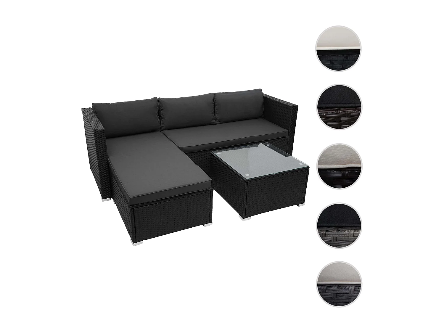 Zestaw polirattanowy MCW-F57 (3-częściowy),  czarny, poduszki ciemnoszare bez poduszek dekoracyjnych