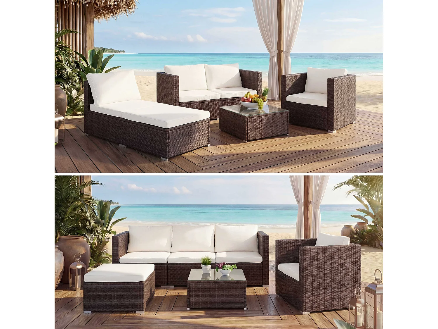 Poly-Rattan-Garnitur Busto, Braun, Kissen creme