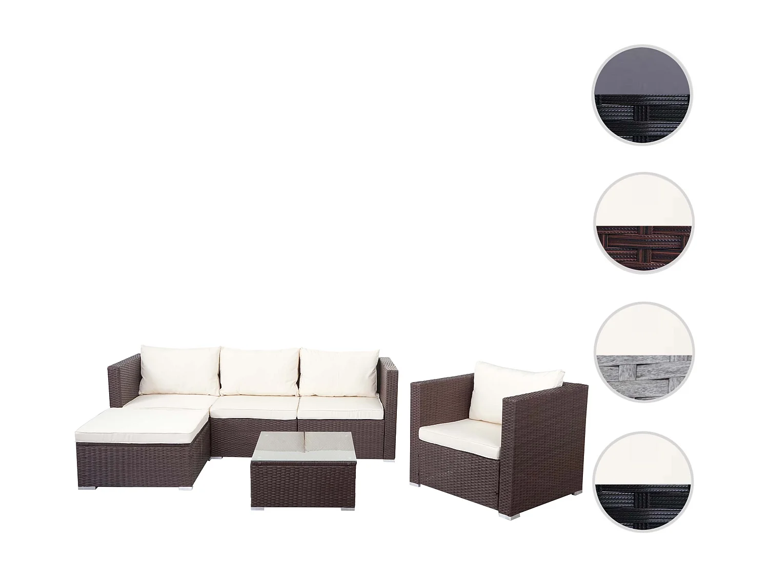 Poly-Rattan-Garnitur Busto, Braun, Kissen creme