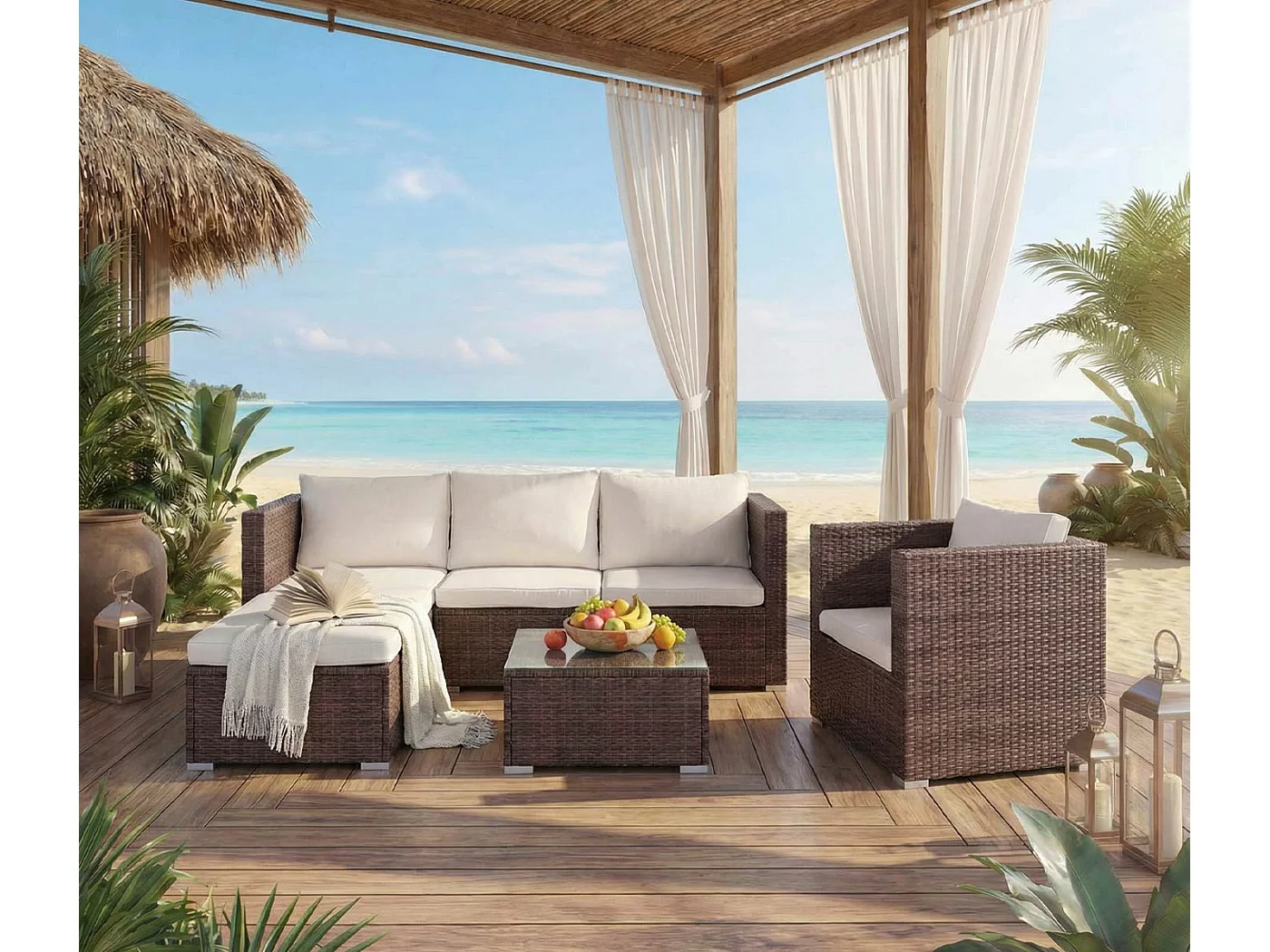 Zestaw z polirattanowym wykończeniem Busto,  brązowy, poduszki kremowe