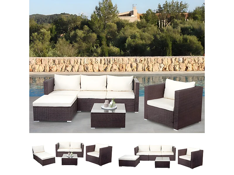 Poly-Rattan-Garnitur Busto, Braun, Kissen creme