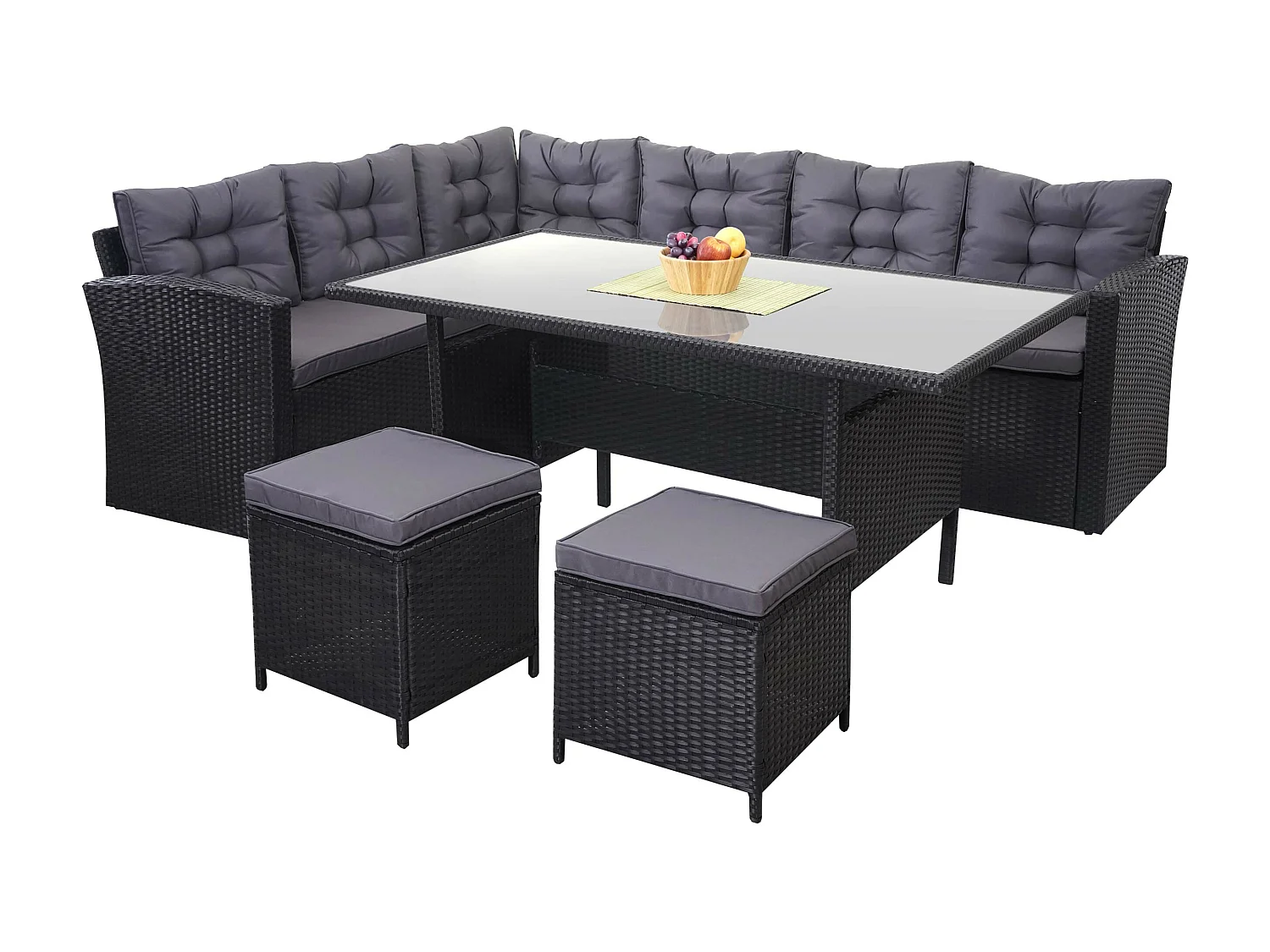 Polyrotan-set MCW-A29 met bank,  kussens donkergrijs, met 2x krukken