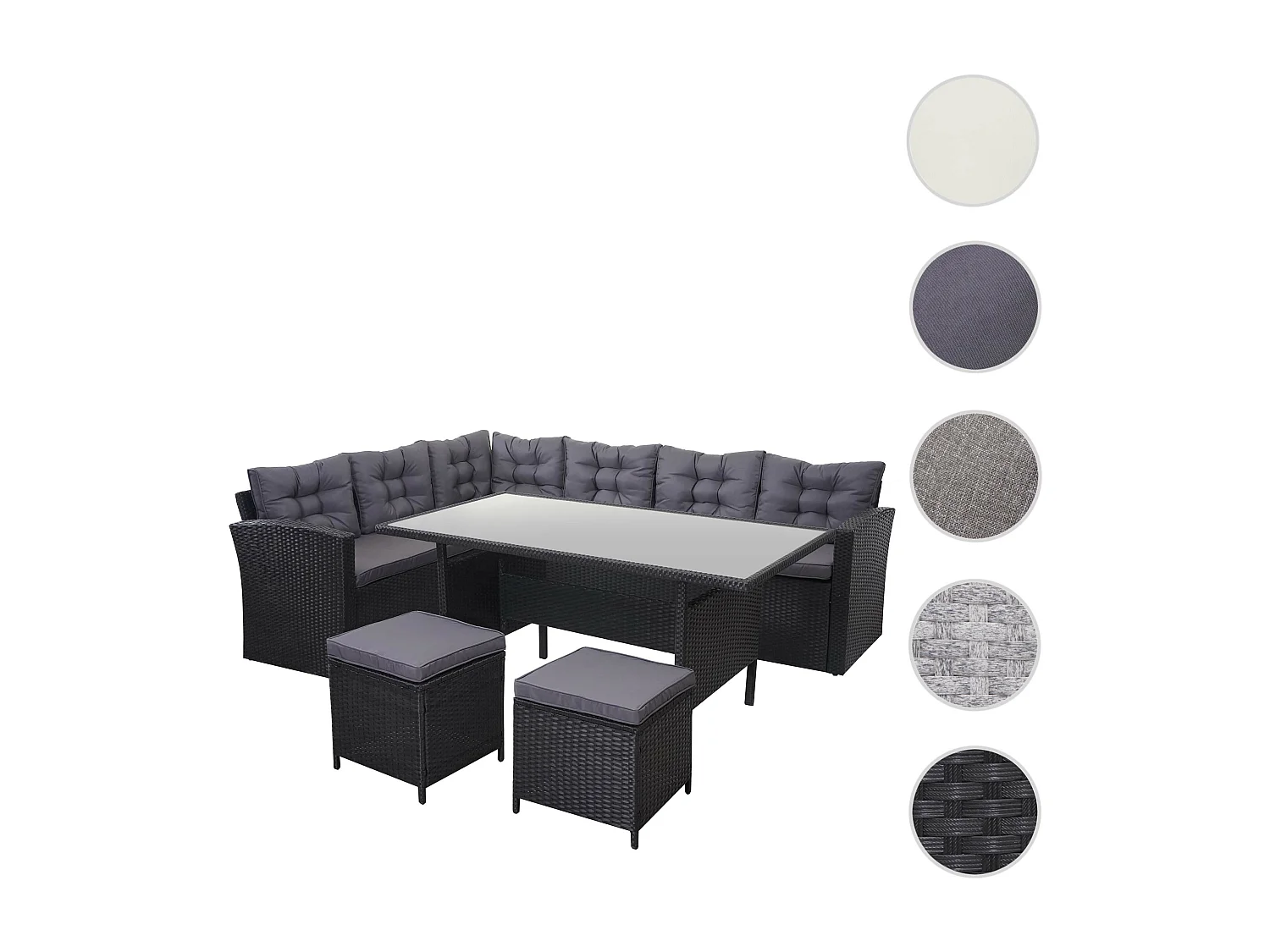 Polyrotan-set MCW-A29 met bank,  kussens donkergrijs, met 2x krukken