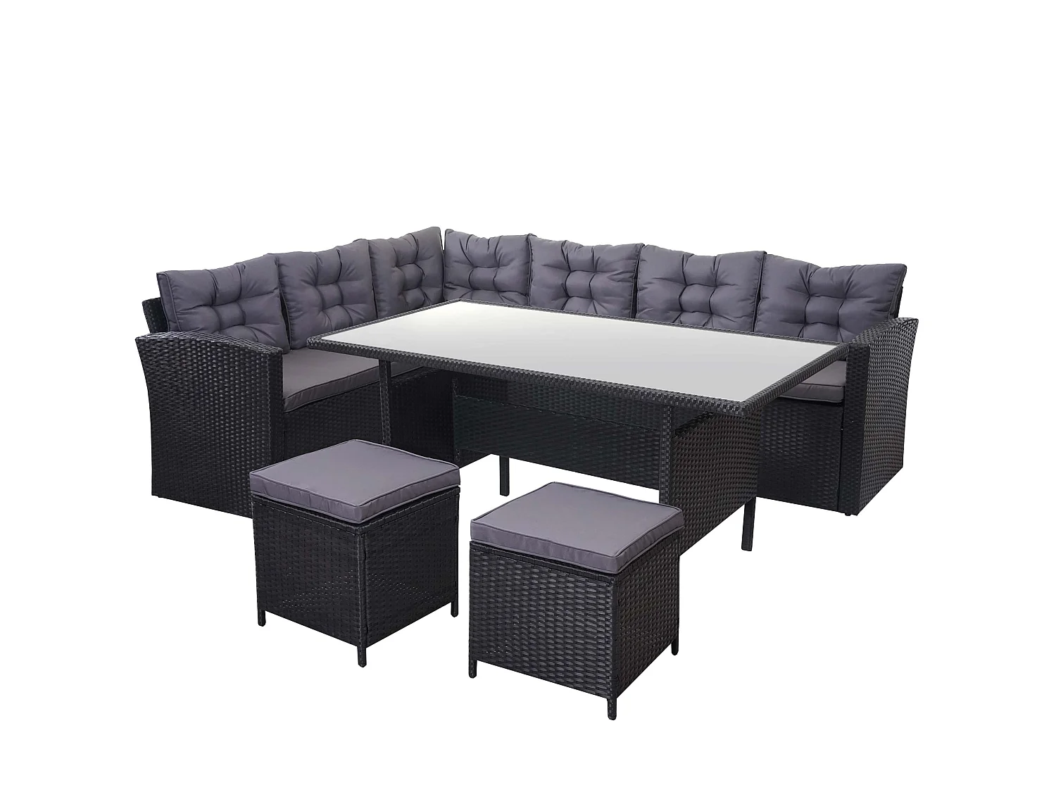 Zestaw z polirattanowy MCW-A29 + 2x stołek,  poduszki ciemnoszare, z 2 stołkami