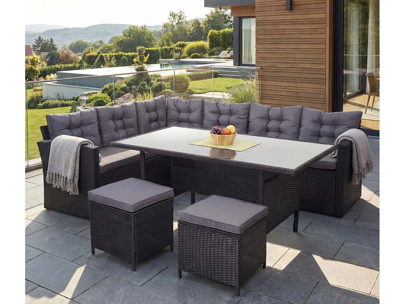 Zestaw z polirattanowy MCW-A29 + 2x stołek,  poduszki ciemnoszare, z 2 stołkami