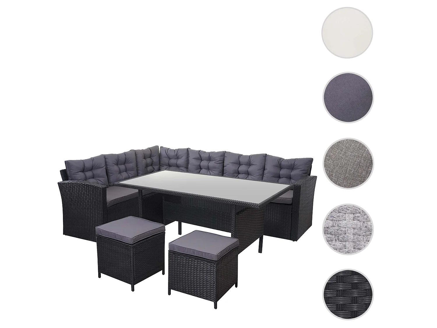 Zestaw z polirattanowy MCW-A29 + 2x stołek,  poduszki ciemnoszare, z 2 stołkami