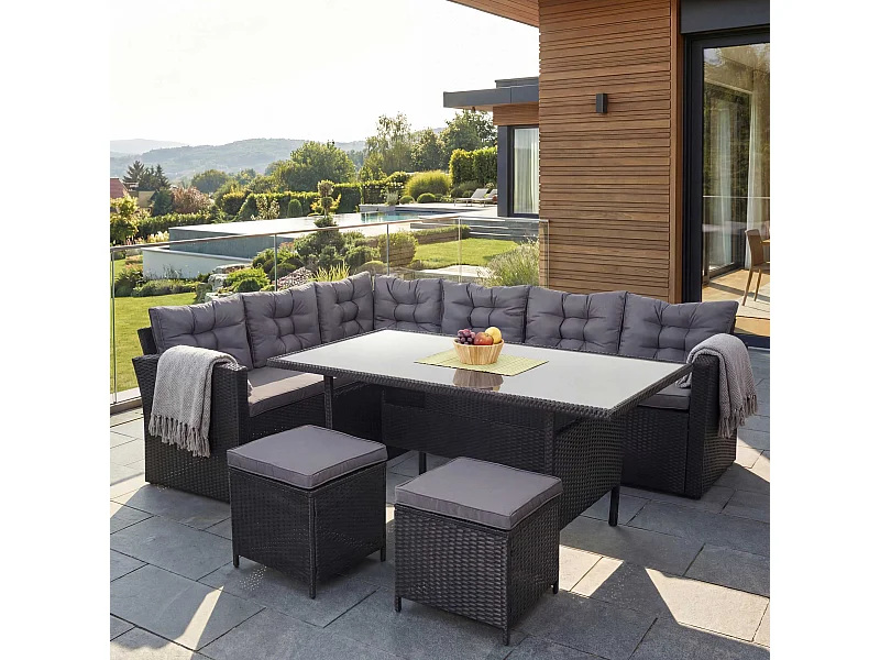 Poly-Rattan-Garnitur MCW-A29 + 2x Hocker, Kissen dunkelgrau, mit 2x Hocker