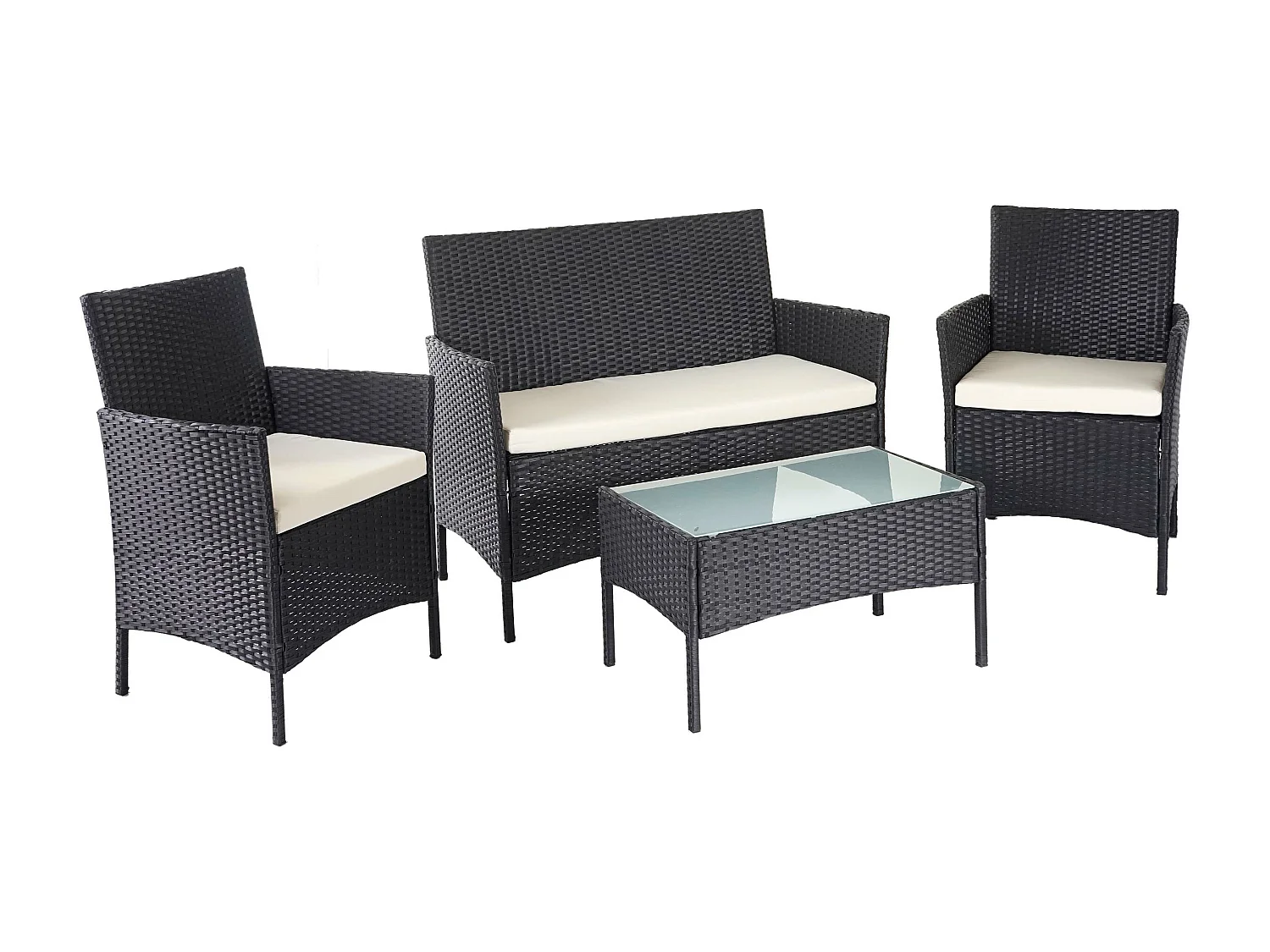 Set salotto giardino esterno salottino elegante MCW-D82 polyrattan nero con cuscini avorio