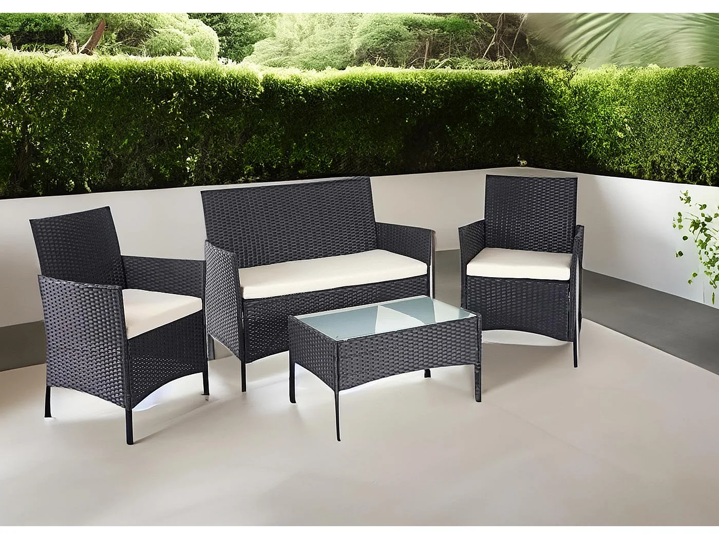 Set salotto giardino esterno salottino elegante MCW-D82 polyrattan nero con cuscini avorio