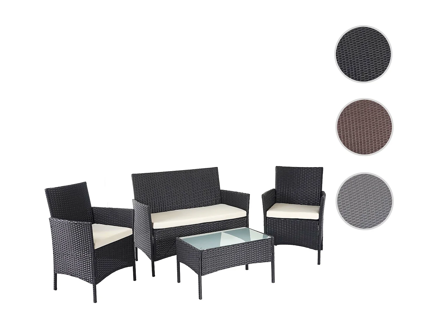 Set salotto giardino esterno salottino elegante MCW-D82 polyrattan nero con cuscini avorio