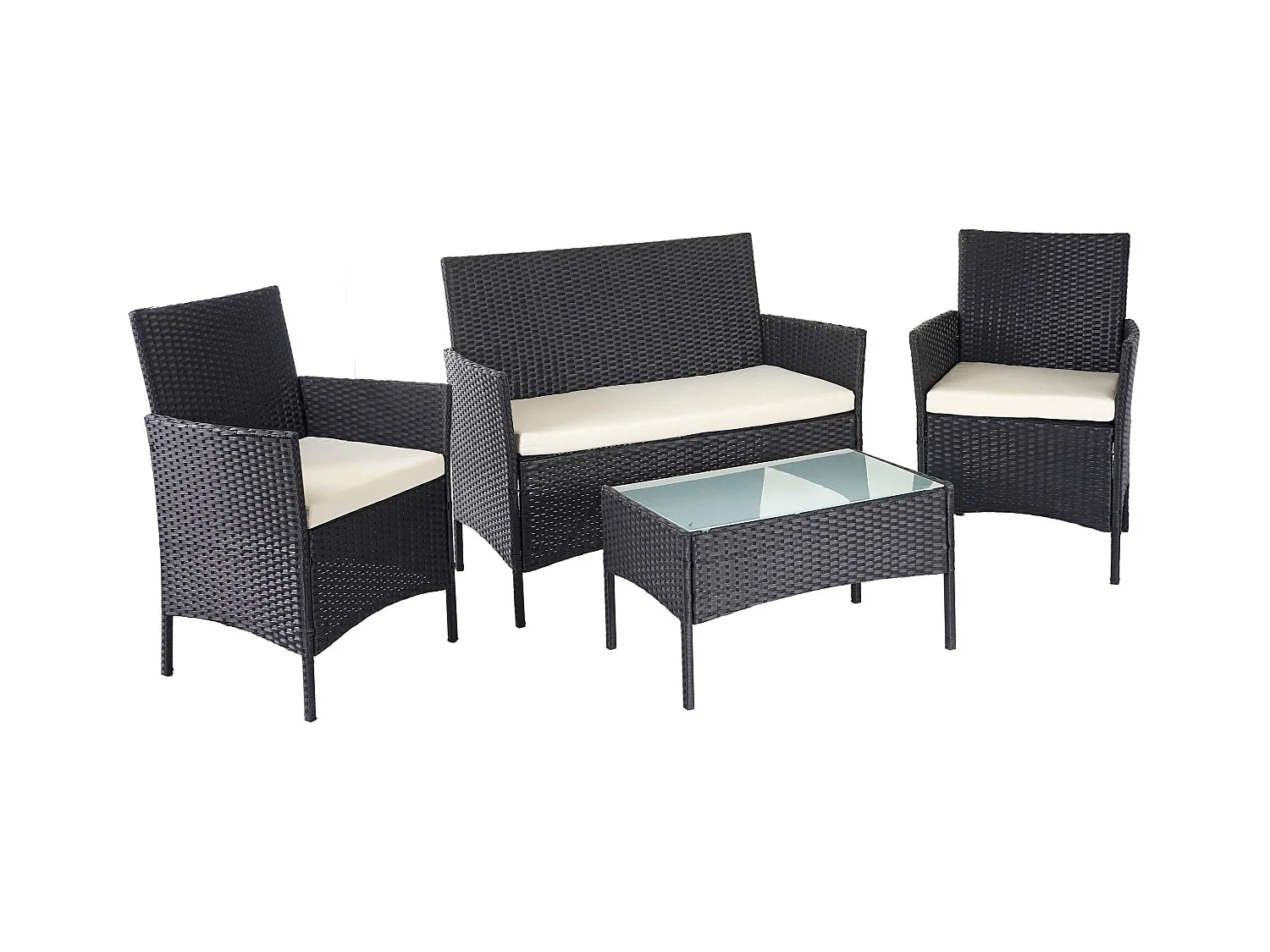 Poly-Rattan Garnitur MCW-D82 (4-teilig), Schwarz mit Kissen creme