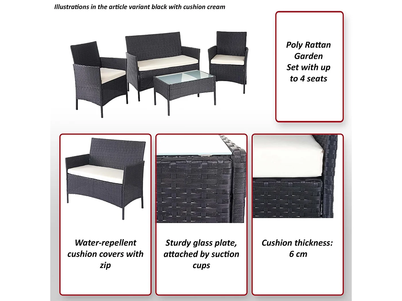 Zestaw polirattanowy MCW-D82 (4-częściowy),  czarny z kremowymi poduszkami