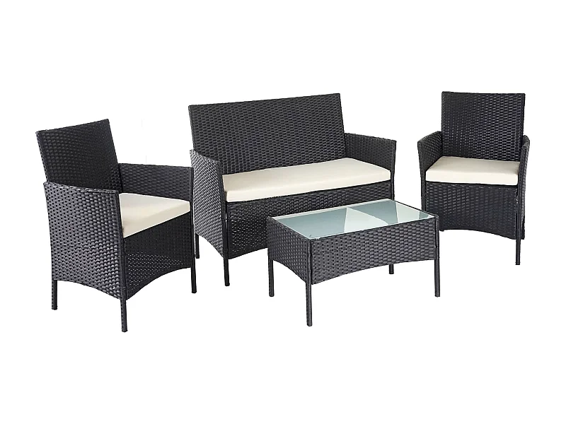 Poly-Rattan Garnitur MCW-D82 (4-teilig), Schwarz mit Kissen creme