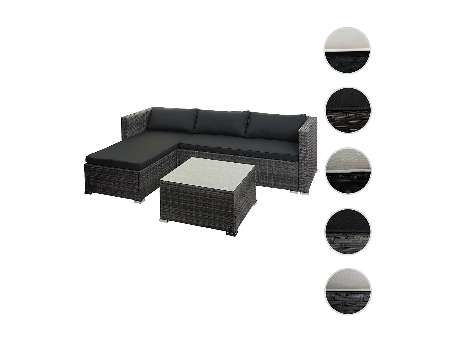 Set salotto giardino esterno salottino MCW-F57 polyrattan grigio con cuscini grigio scuro e decorativi