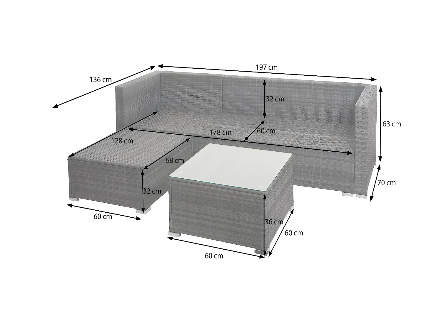 Zestaw polirattanowy MCW-F57 (3-częściowy),  szary, ciemnoszare poduszki z poduszkami dekoracyjnymi