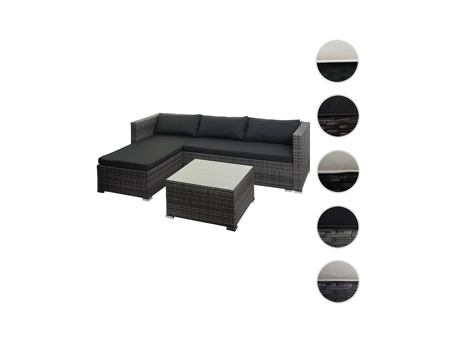 Zestaw polirattanowy MCW-F57 (3-częściowy),  szary, ciemnoszare poduszki z poduszkami dekoracyjnymi