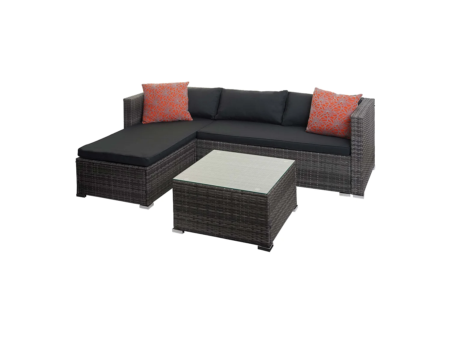 Polyrotan set MCW-F57 (3-delig),  grijs, donkergrijze kussens met sierkussens