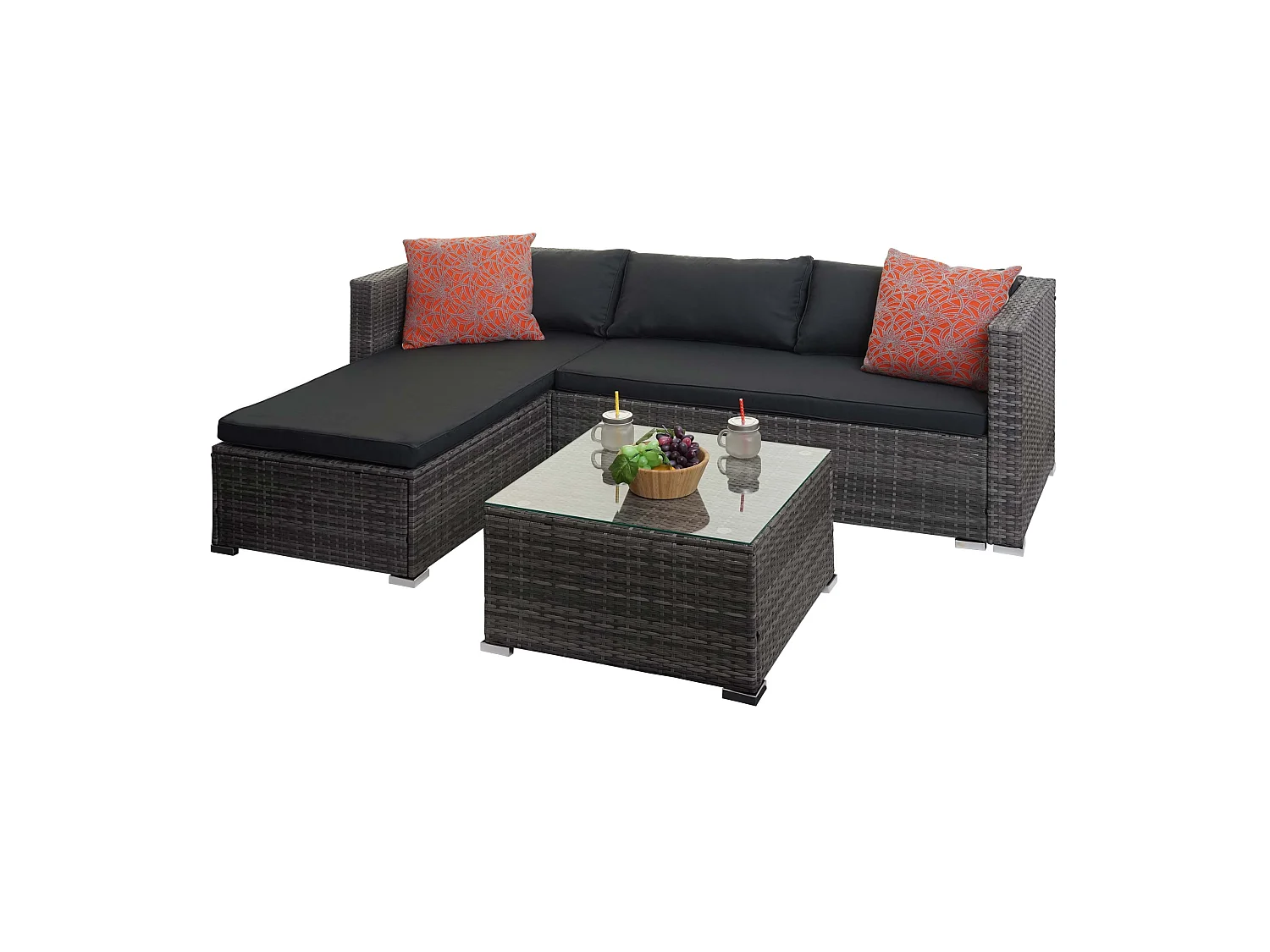 Polyrotan set MCW-F57 (3-delig),  grijs, donkergrijze kussens met sierkussens