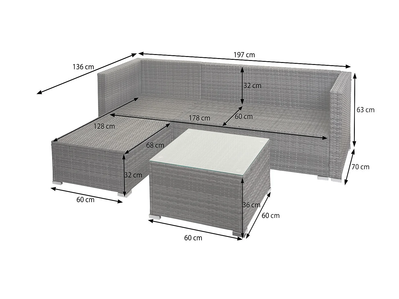 Polyrotan set MCW-F57 (3-delig),  grijs, donkergrijze kussens met sierkussens