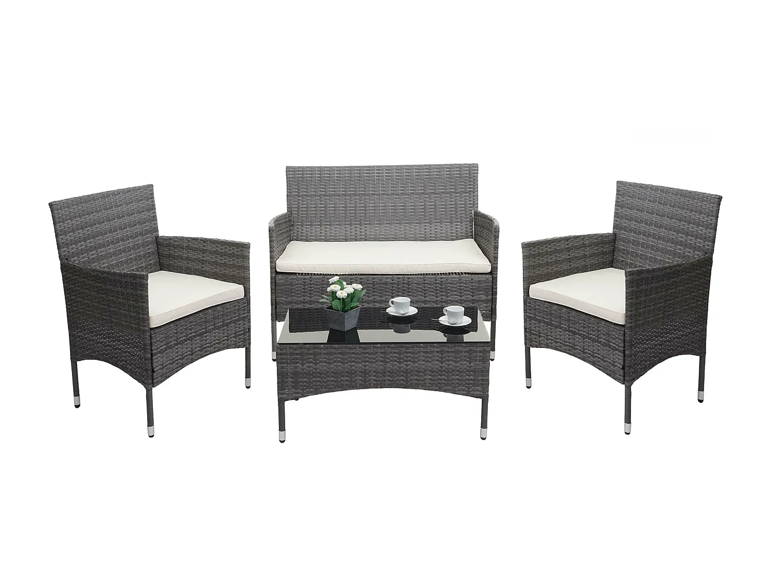 Poly-Rattan Garnitur MCW-F55 (4-teilig), Grau, Kissen creme