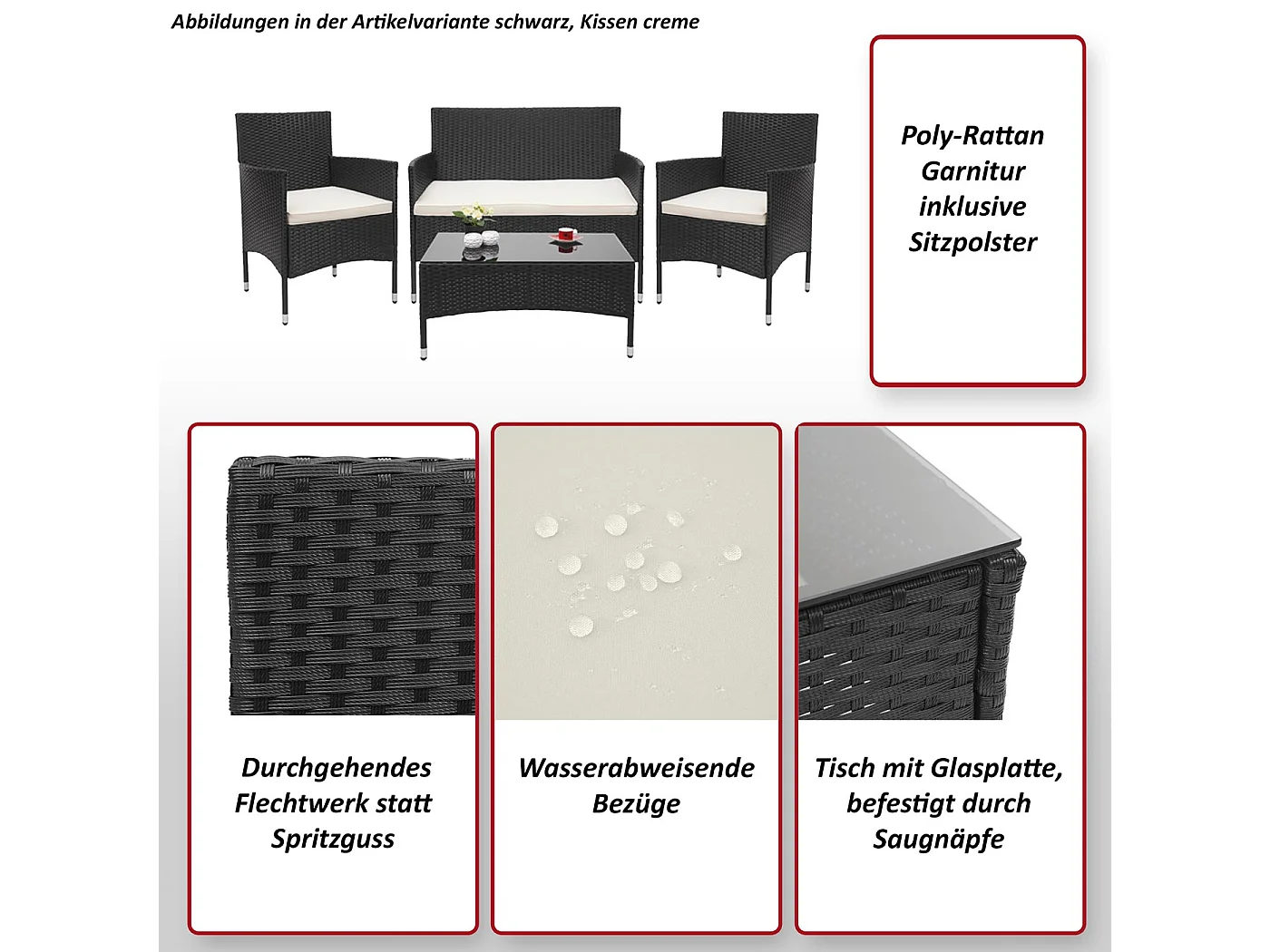 Poly-Rattan Garnitur MCW-F55 (4-teilig), Grau, Kissen creme