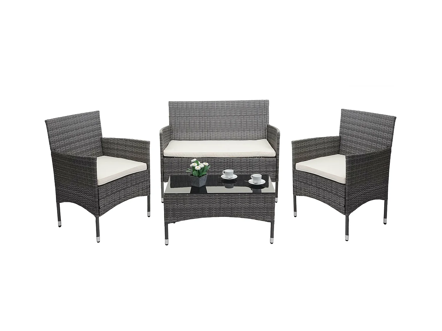 Poly-Rattan Garnitur MCW-F55 (4-teilig), Grau, Kissen creme