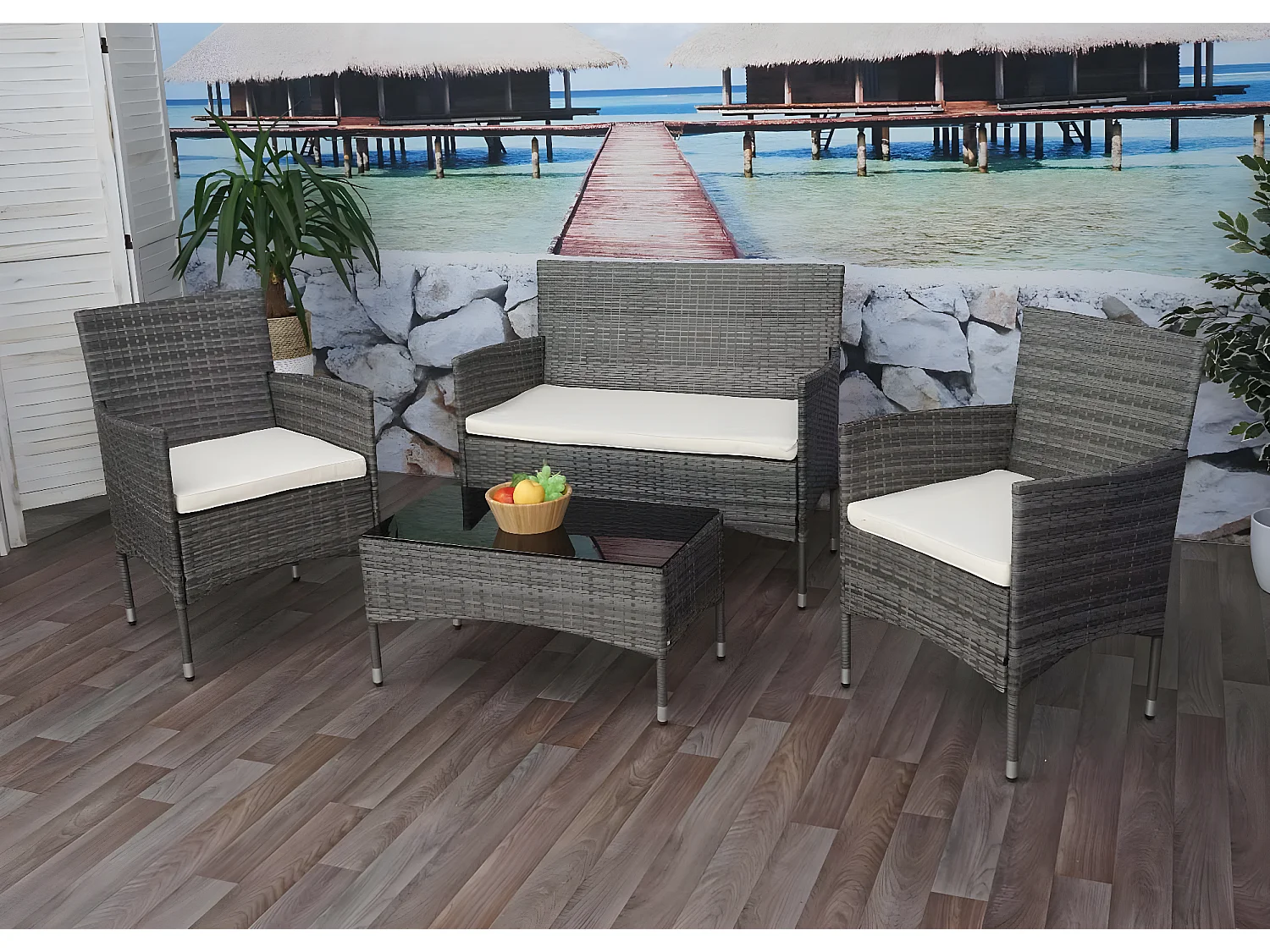 Poly-Rattan Garnitur MCW-F55 (4-teilig), Grau, Kissen creme