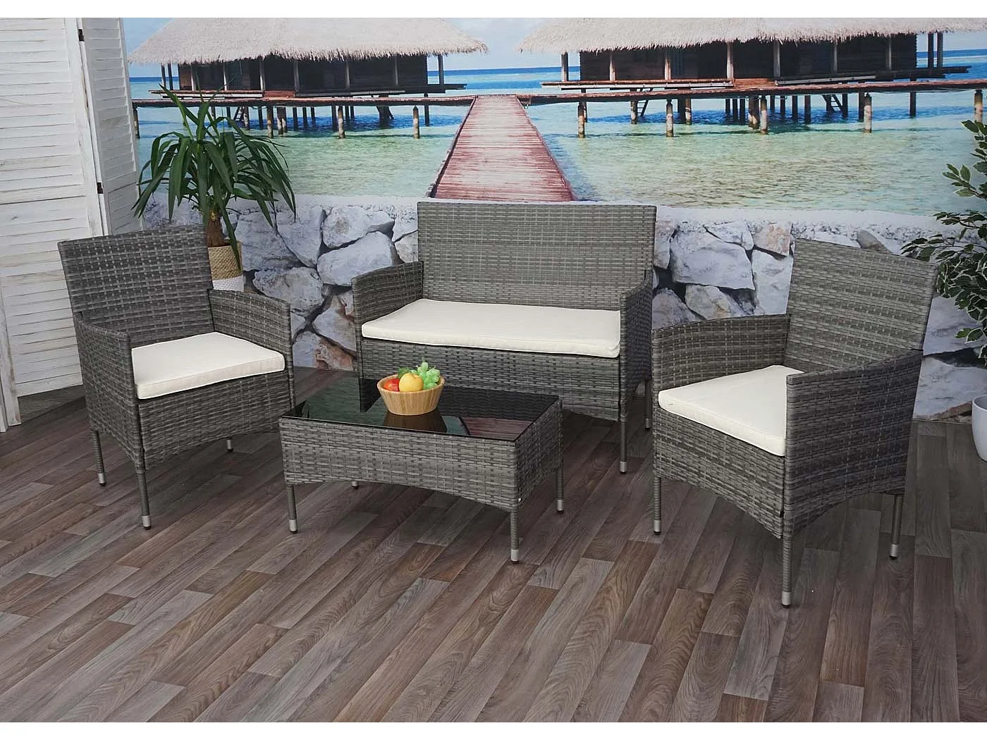 Polyrotan set MCW-F55 (4-delig),  grijs, kussens creme