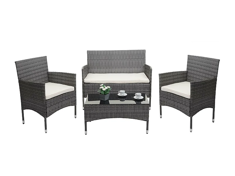 Poly-Rattan Garnitur MCW-F55 (4-teilig), Grau, Kissen creme