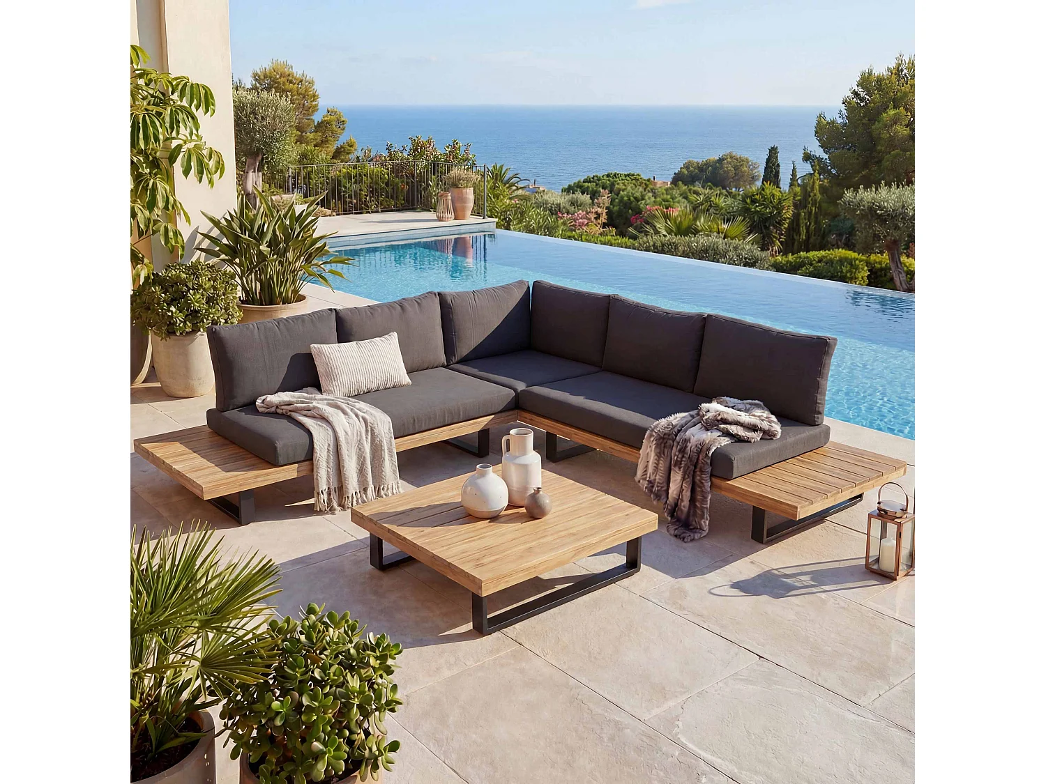 Zestaw ogrodowy MCW-H54 (zestaw 2-częściowy),  jasnobrązowy, tapicerka ciemnoszara