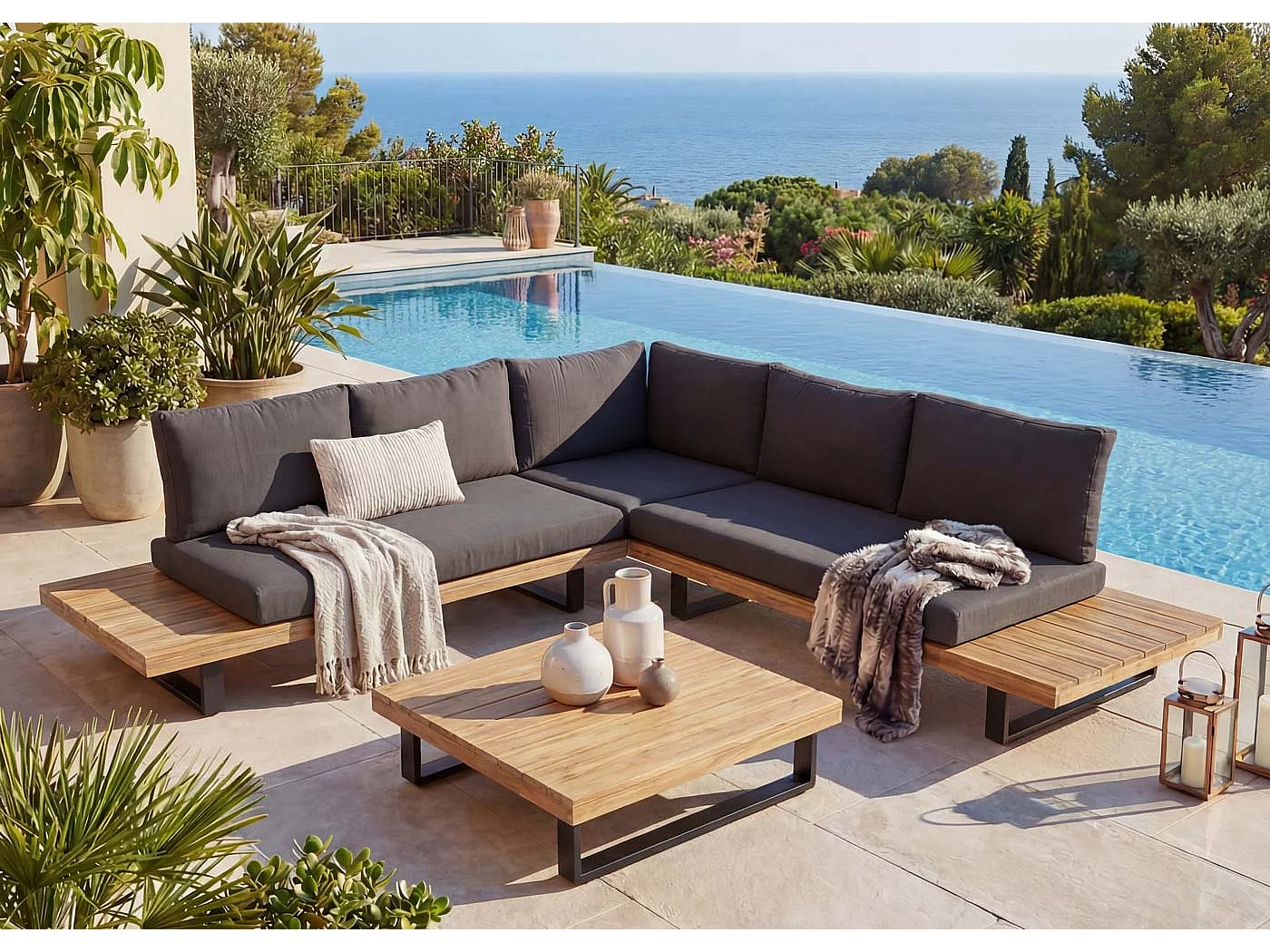 Zestaw ogrodowy MCW-H54 (zestaw 2-częściowy),  jasnobrązowy, tapicerka ciemnoszara