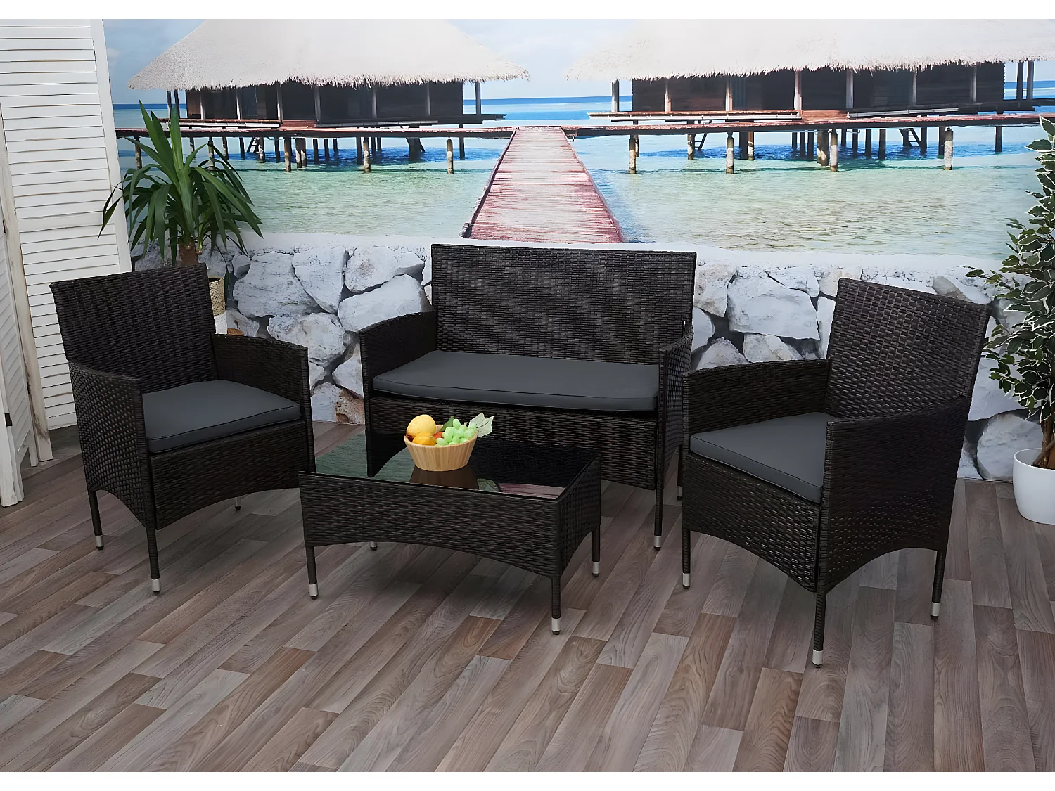 Set salotto giardino esterno salottino elegante MCW-F55 polyrattan marrone con cuscini grigio scuro