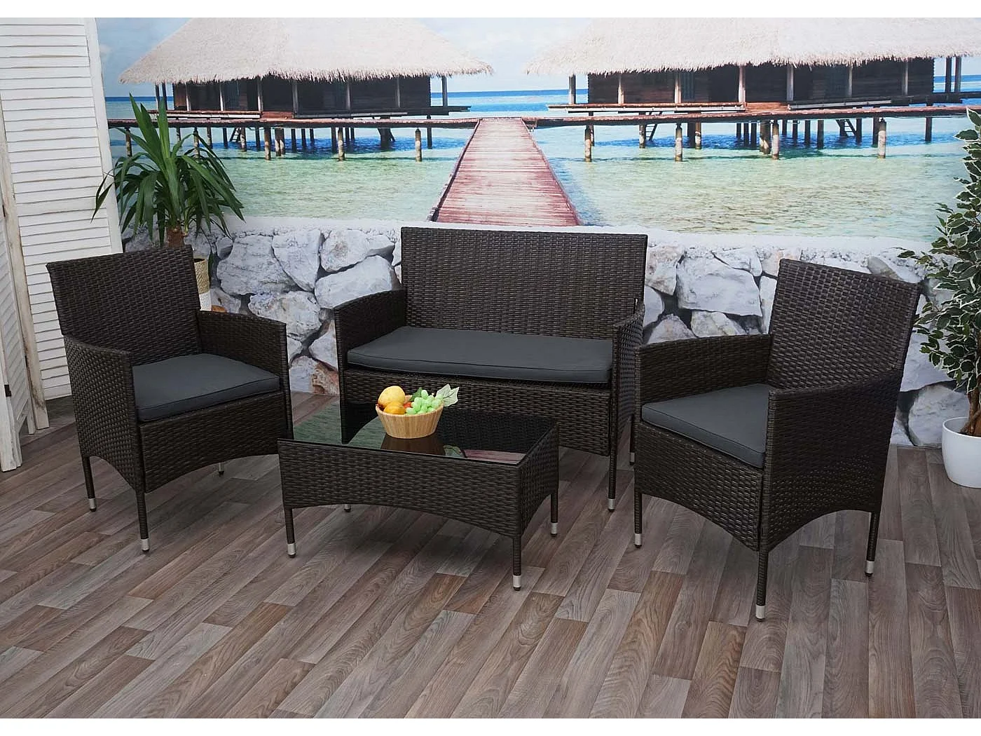 Zestaw polirattanowy MCW-F55 (4-częściowy),  brązowy, ciemnoszare poduszki