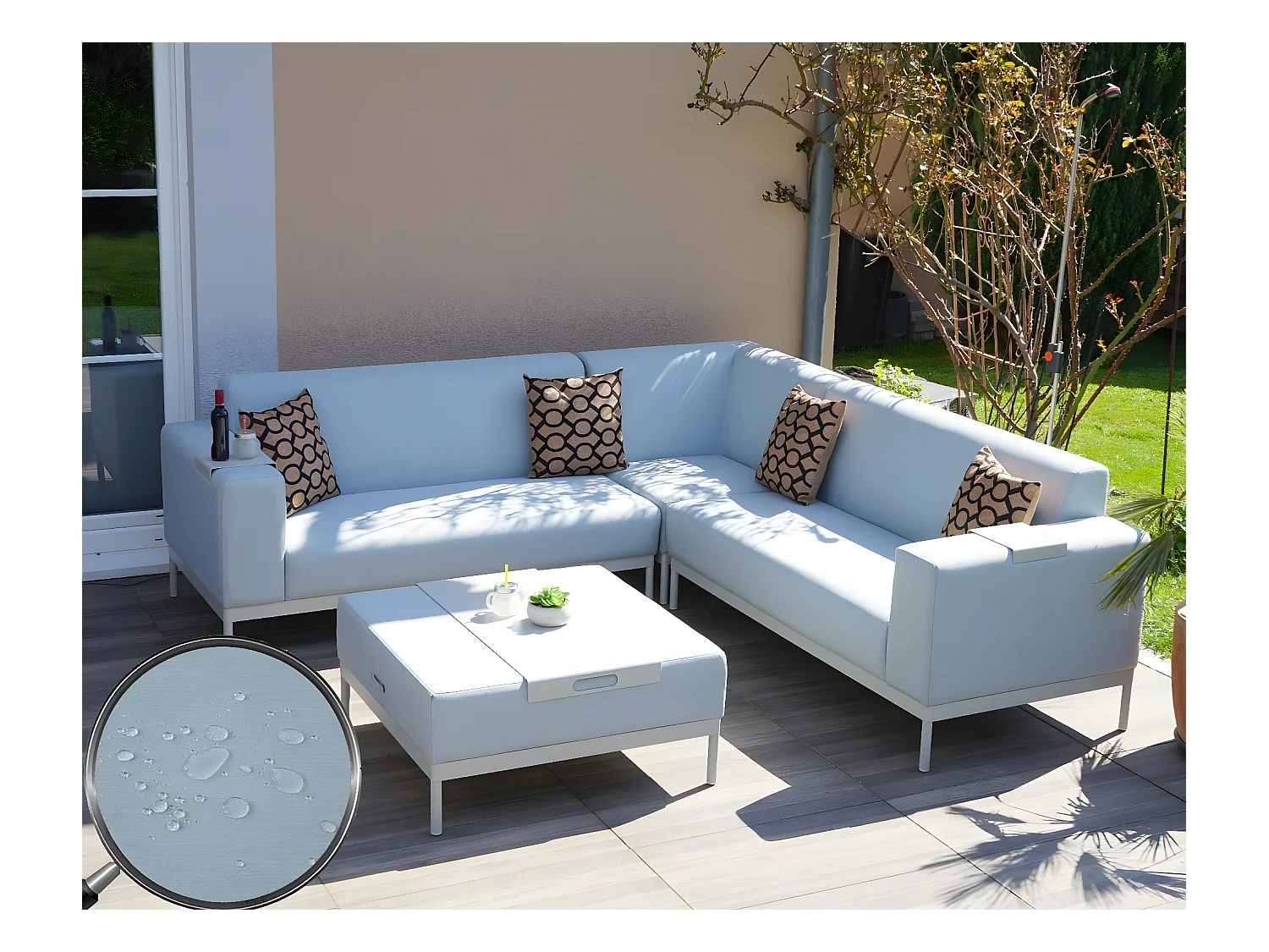 Aluminium tuinset MCW-C47 (11-delig),  blauw met plank, bruine kussens