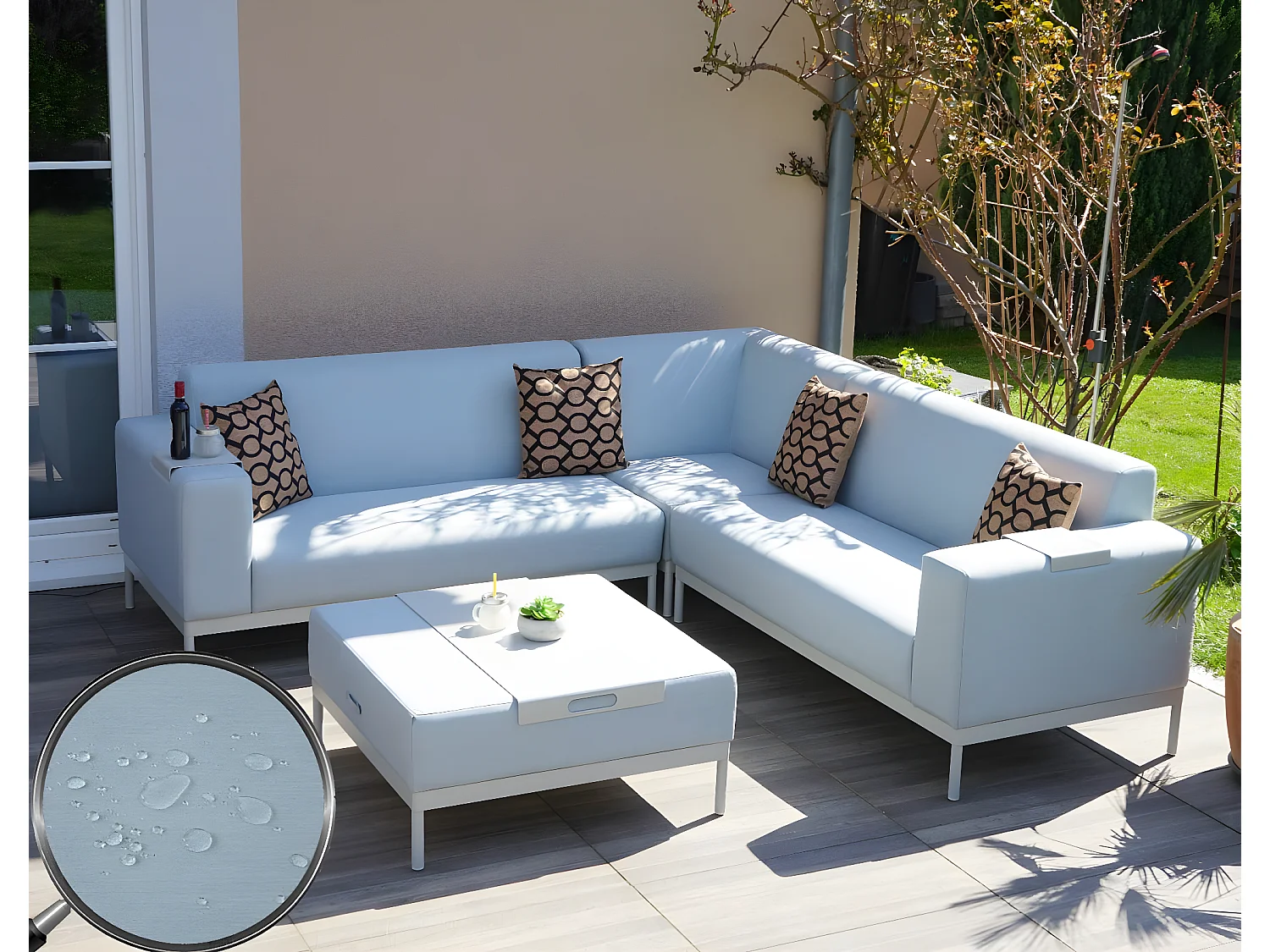 Aluminium tuinset MCW-C47 (11-delig),  blauw met plank, bruine kussens