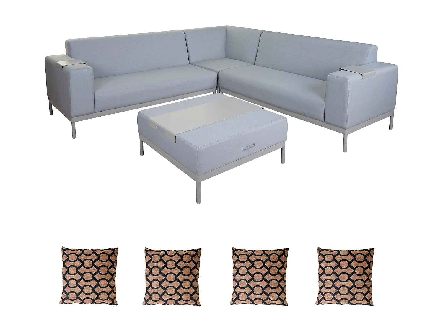 Zestaw ogrodowy z aluminium MCW-C47 (11 elementów),  niebieski z półką, poduszki brązowe