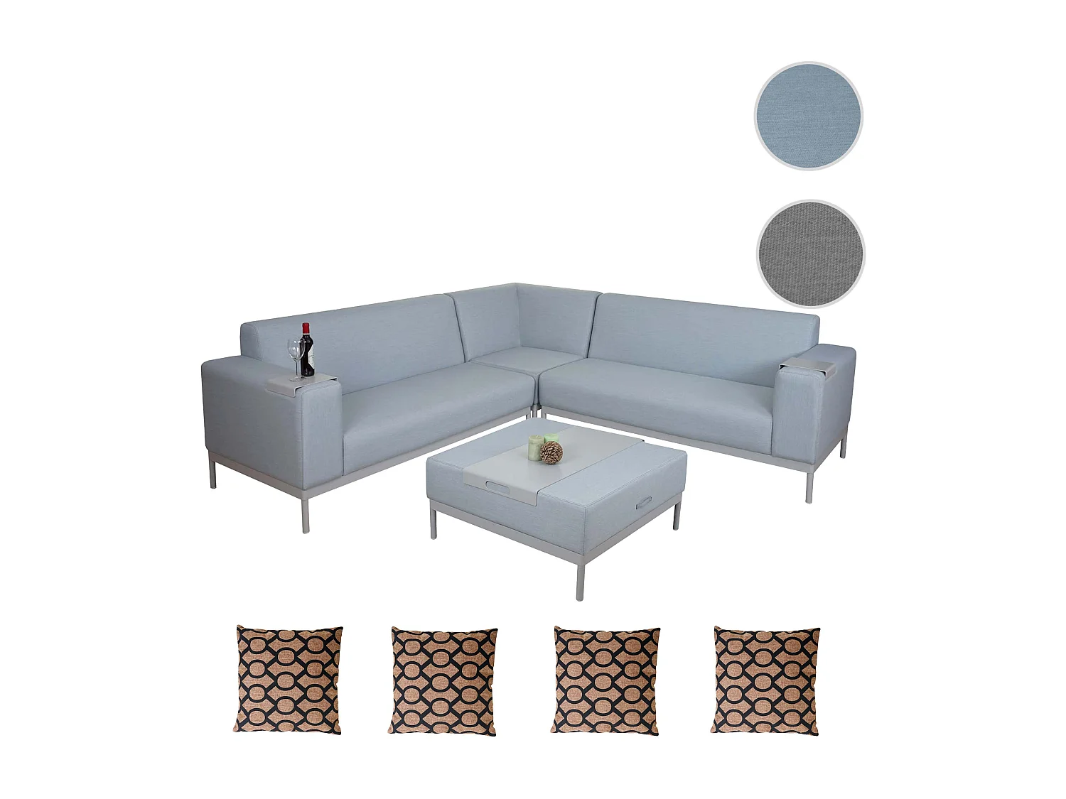 Zestaw ogrodowy z aluminium MCW-C47 (11 elementów),  niebieski z półką, poduszki brązowe