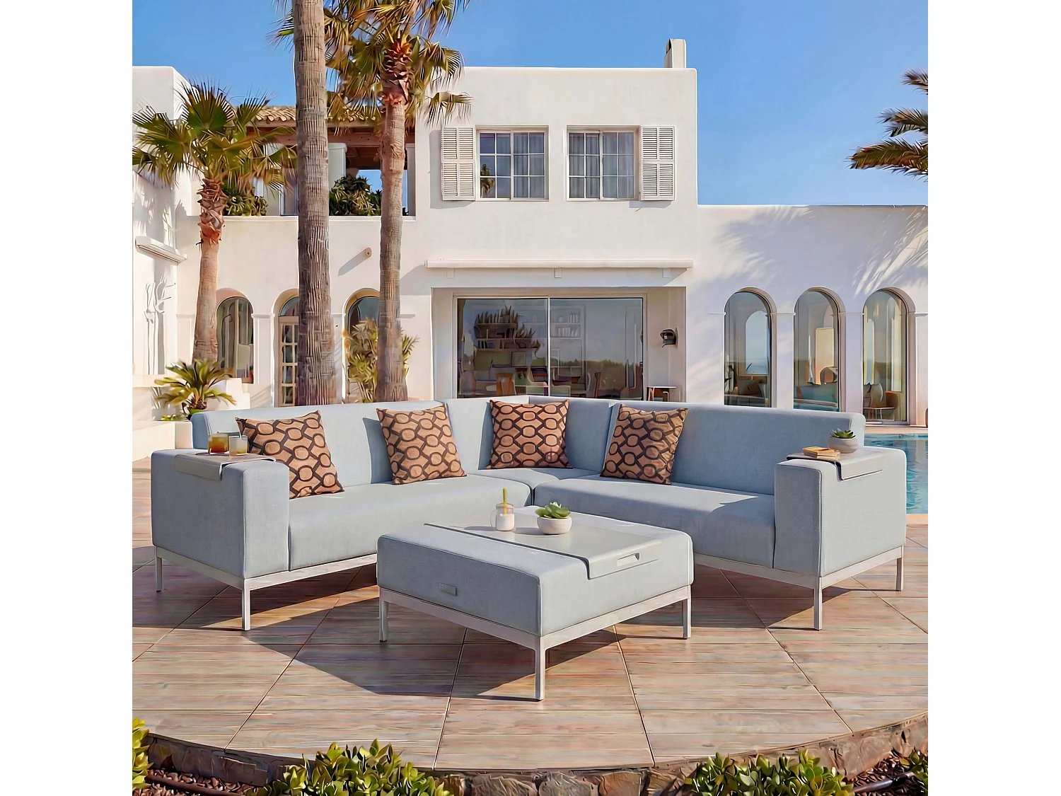 Zestaw ogrodowy z aluminium MCW-C47 (11 elementów),  niebieski z półką, poduszki brązowe