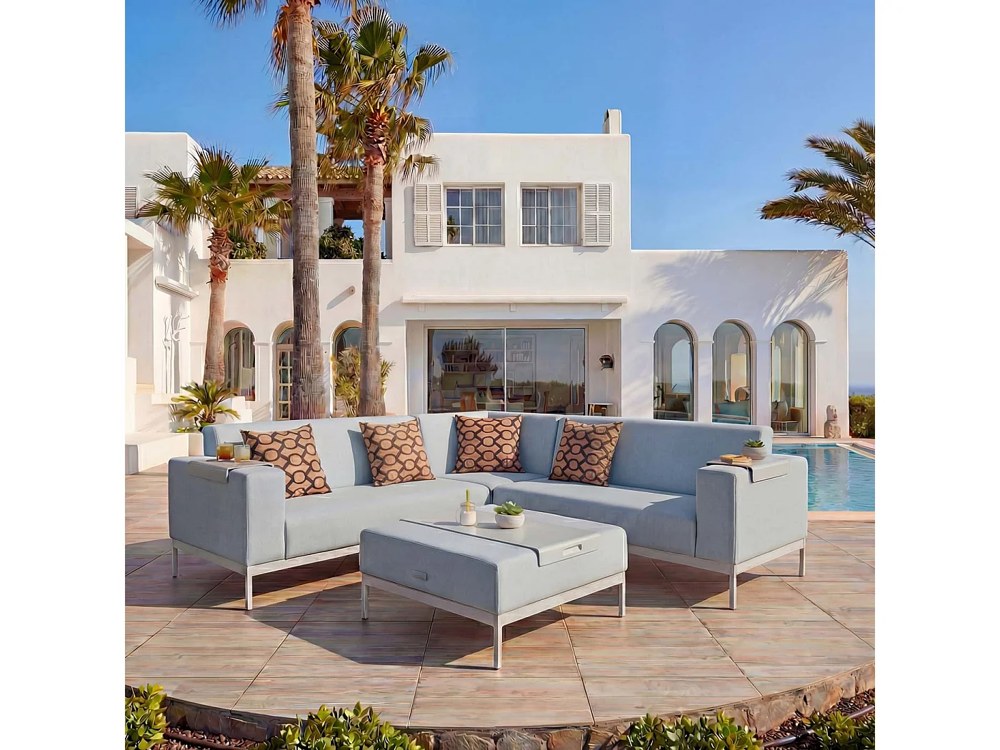 Zestaw ogrodowy z aluminium MCW-C47 (11 elementów),  niebieski z półką, poduszki brązowe